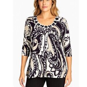 - August Silk Knits black & white top. Features black/white paisley print SZ L